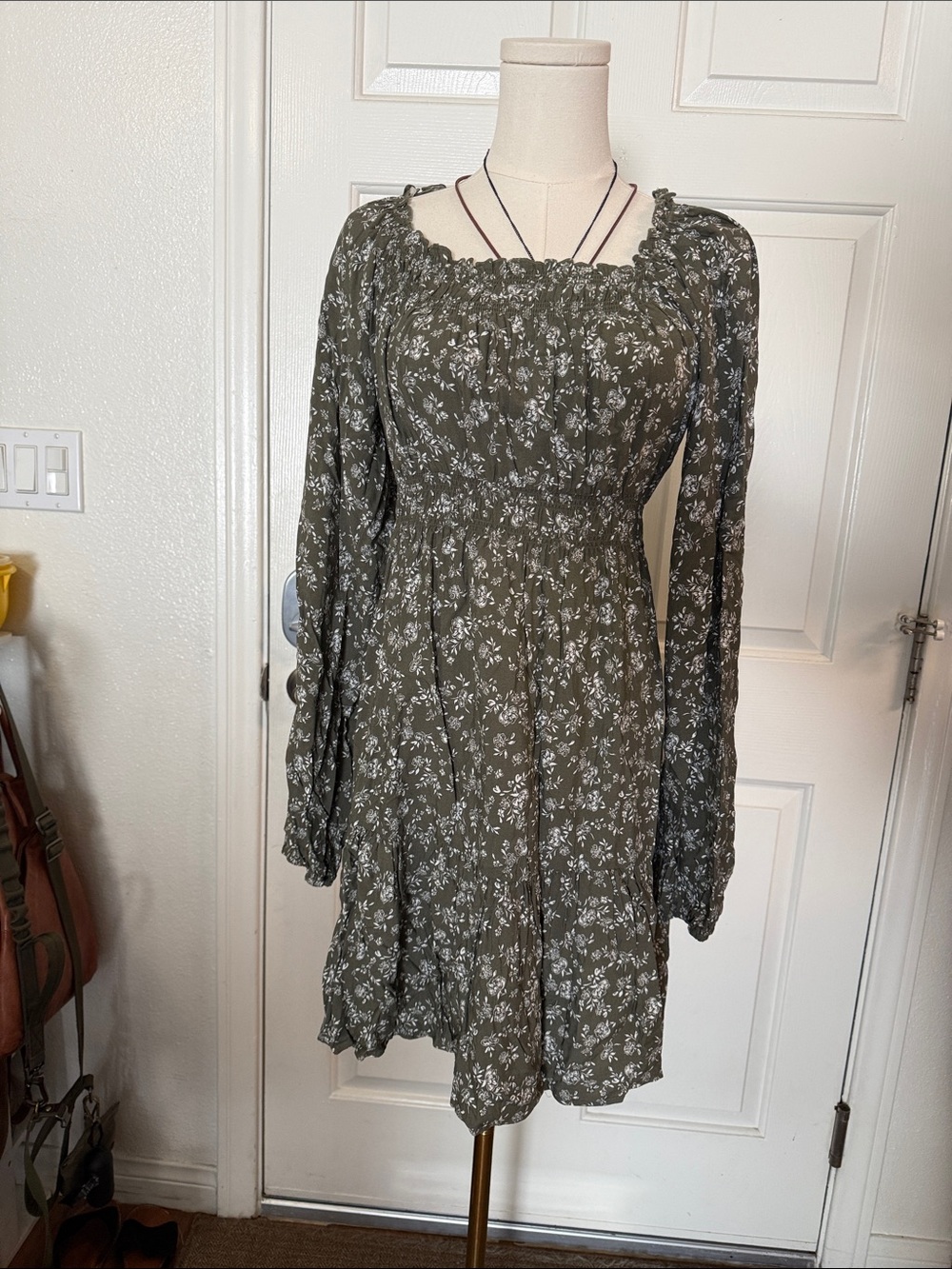Apricot - Olive Floral Long-Sleeve Smocked Mini Dress